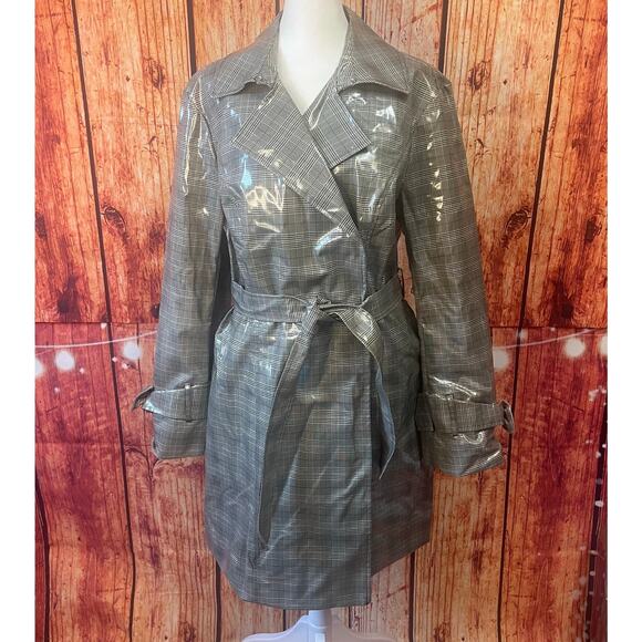 INC patent plaid raincoat size Large belted black white polyester trench jacket - Picture 2 of 8